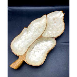 VTG MCM Tiki Monkey Pod Capiz Shell Leaf Tray